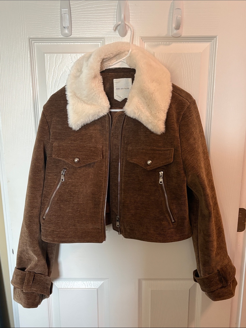 Brown Corduroy Jacket with Cream Faux Shearling Collar